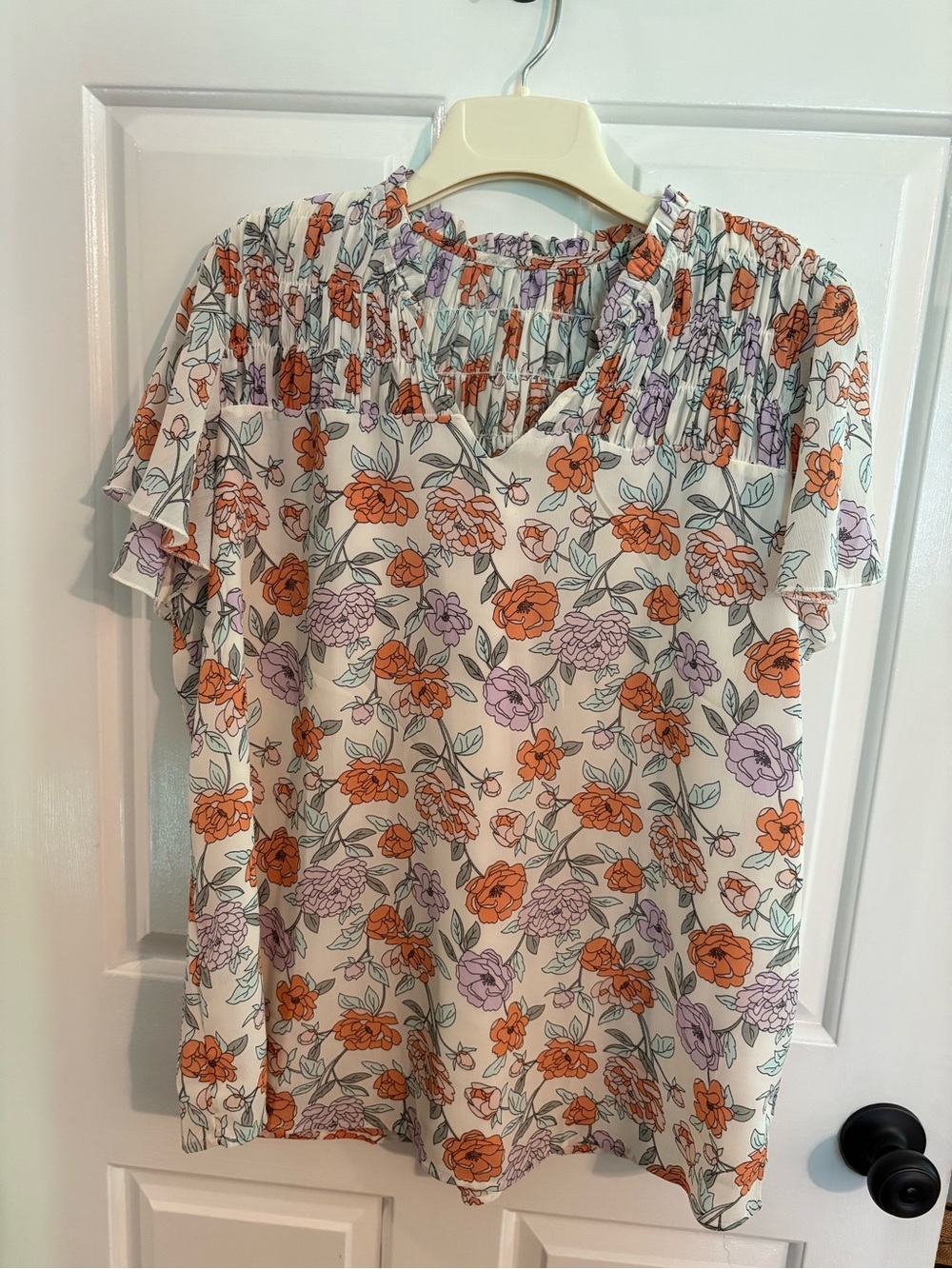 Floral V-Neck Short Sleeve Blouse - Orange & Lavender